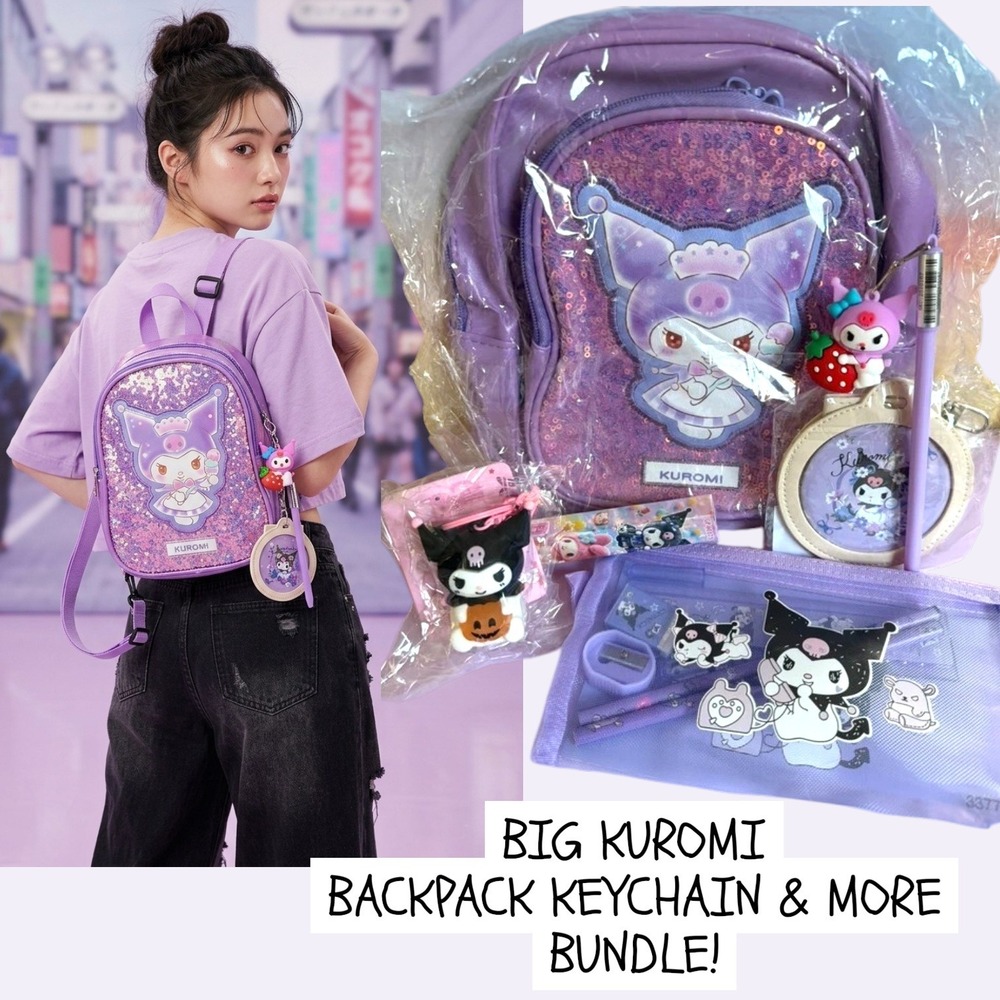 BIG KUROMI SEQUIN‎ BACKPACK KEYCHAIN & MORE BUNDLE NEW